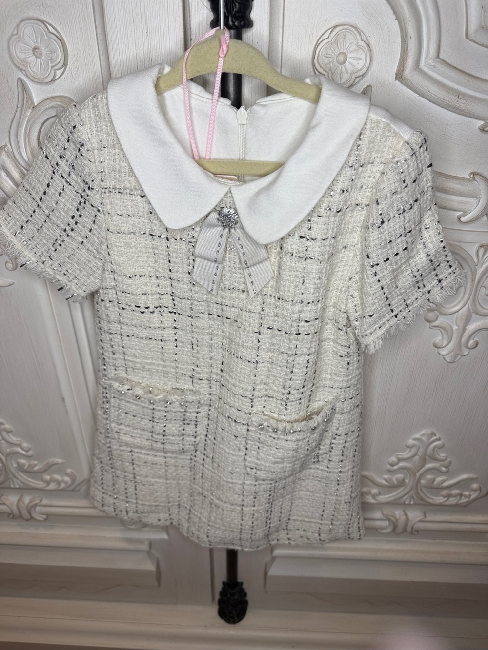 Girls' Cream Lapin House Tweed Dress with Peter Pan Collar and Bow Accent